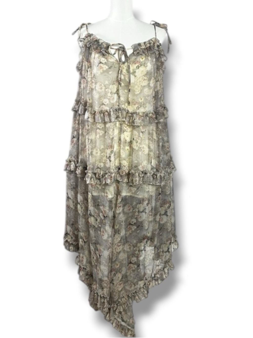 Choosy Ethereal Dainty Tiered Asymmetrical Ruffle Midi Dress Muted Floral Size 4
